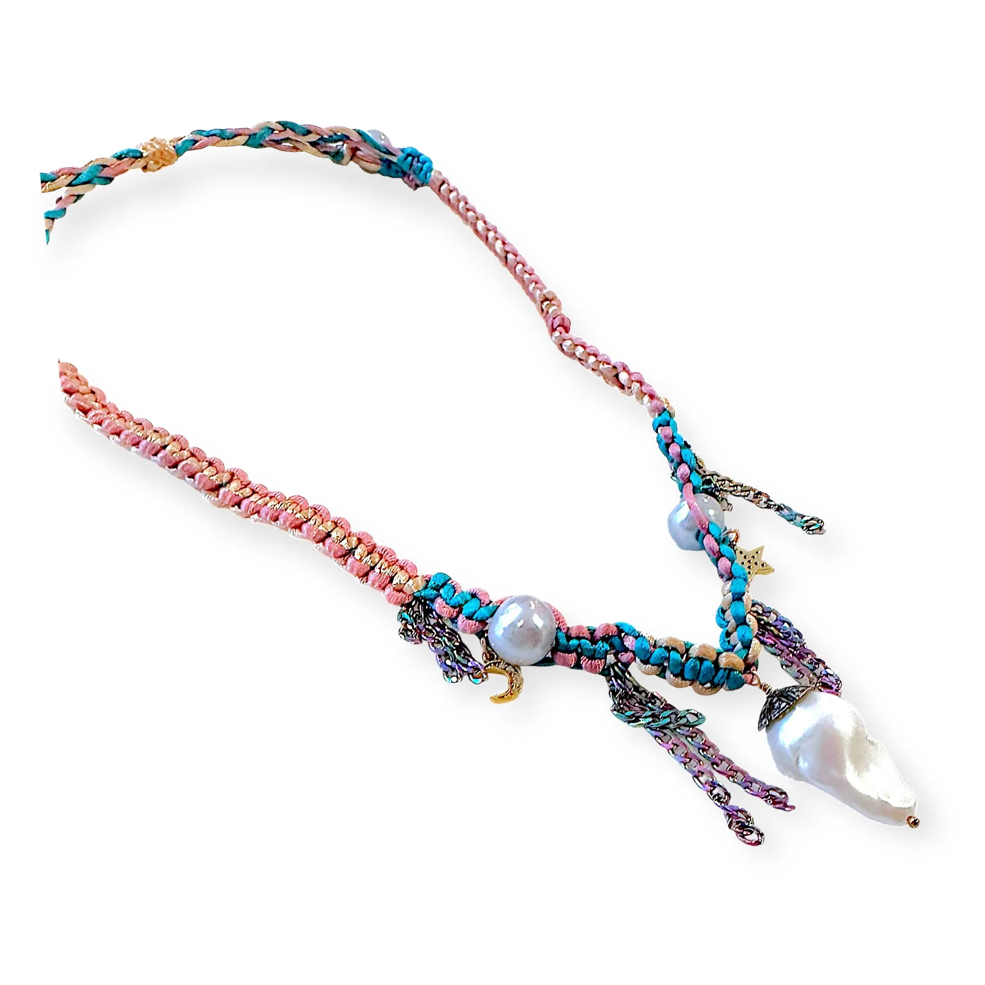 PASTEL DIAMOND DAGGER PEARL LUCKY CHARM SILK ROCKSTAR NECKLACE