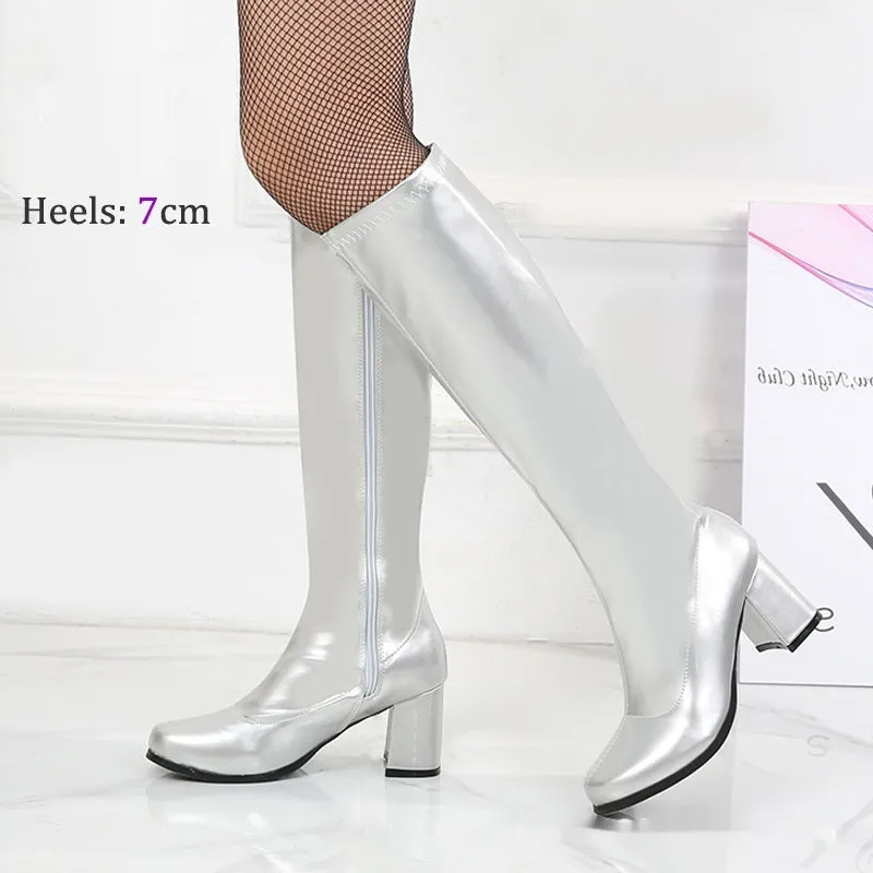 Patent Leather Stretch Chunky Heel All-matching Middle Boots