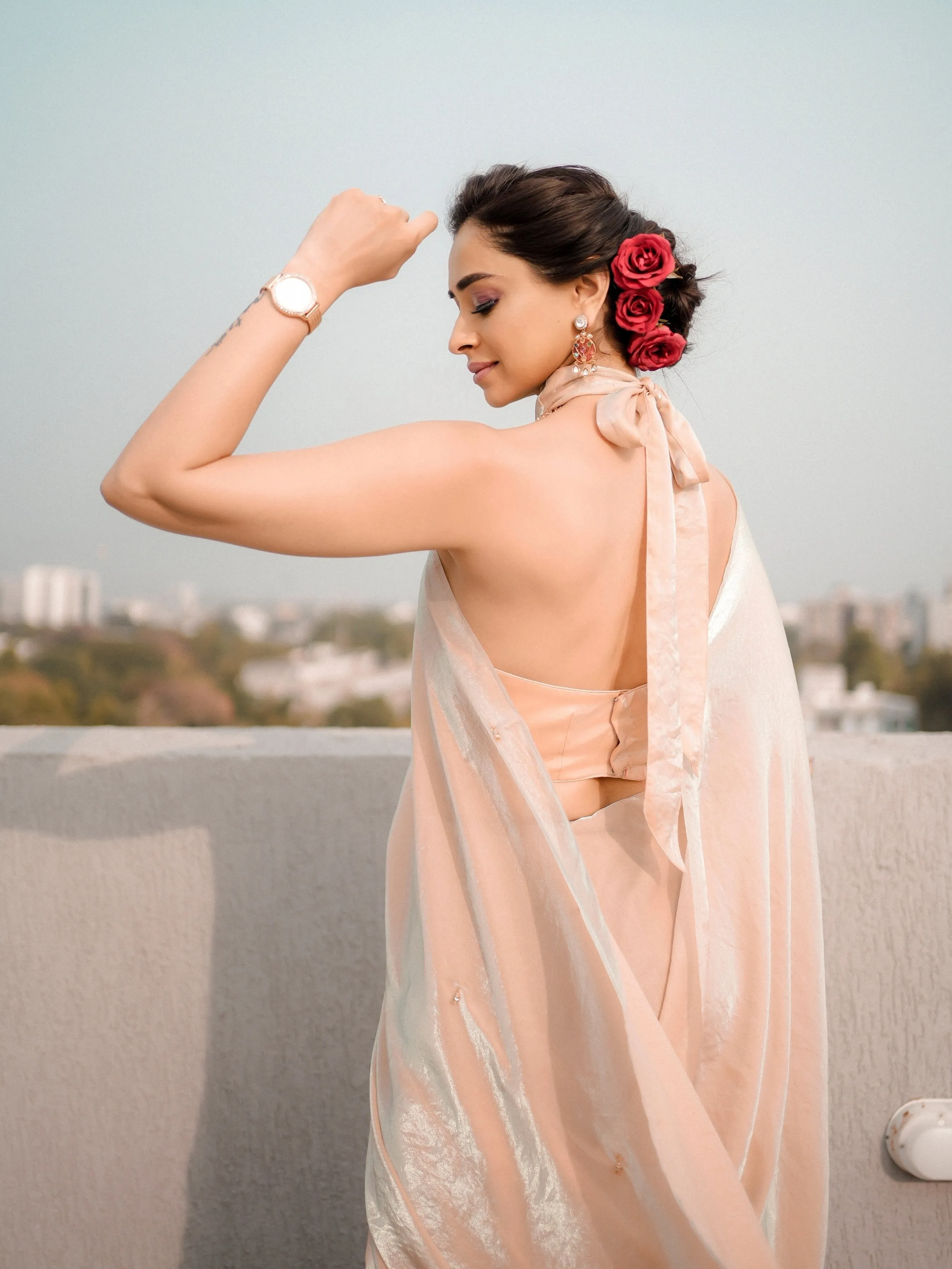 Peach Blue Metallic Satin Saree with Beads and Blouse Fabric