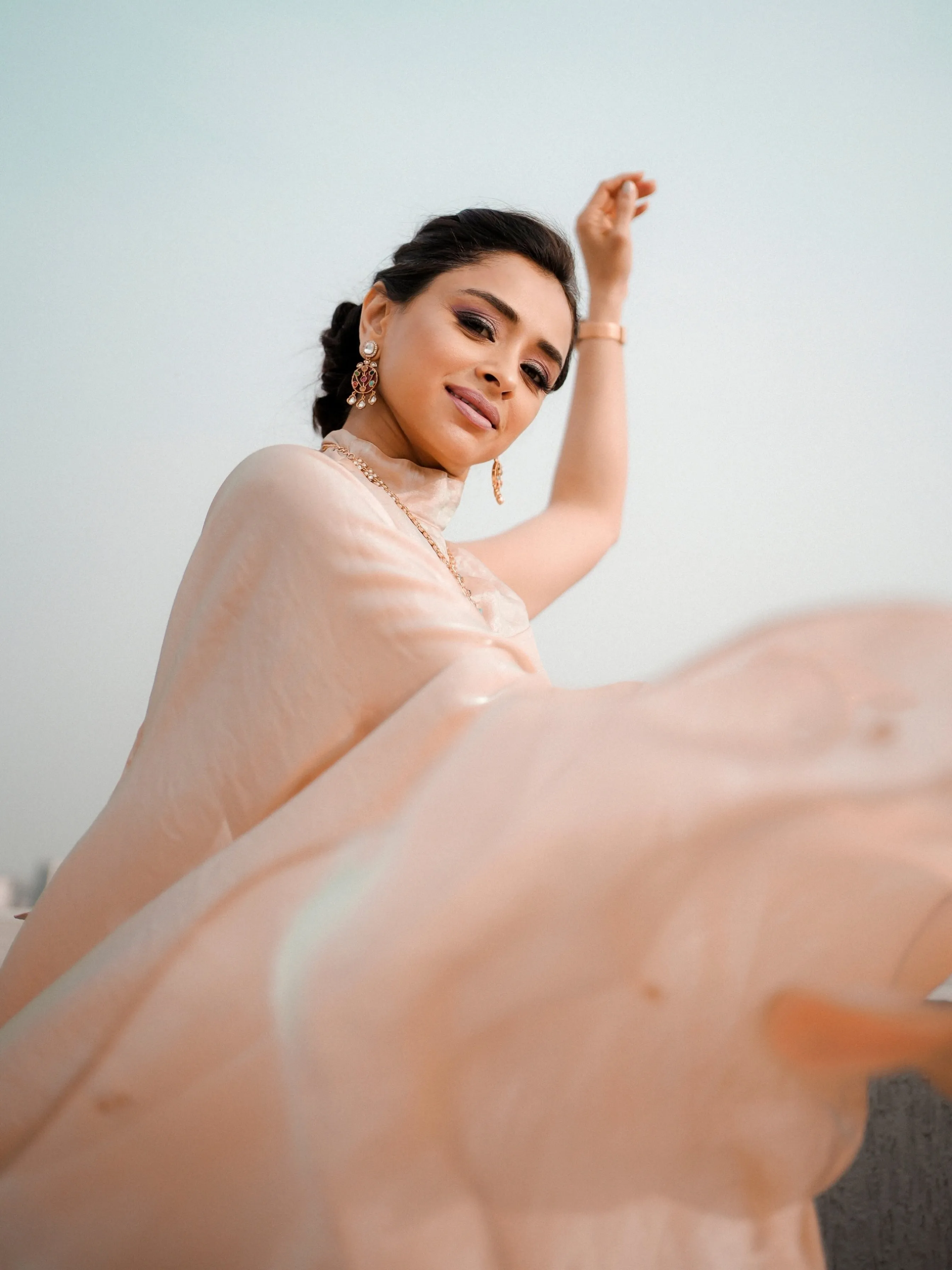 Peach Blue Metallic Satin Saree with Beads and Blouse Fabric