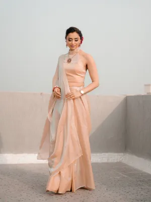 Peach Blue Metallic Satin Saree with Beads and Blouse Fabric