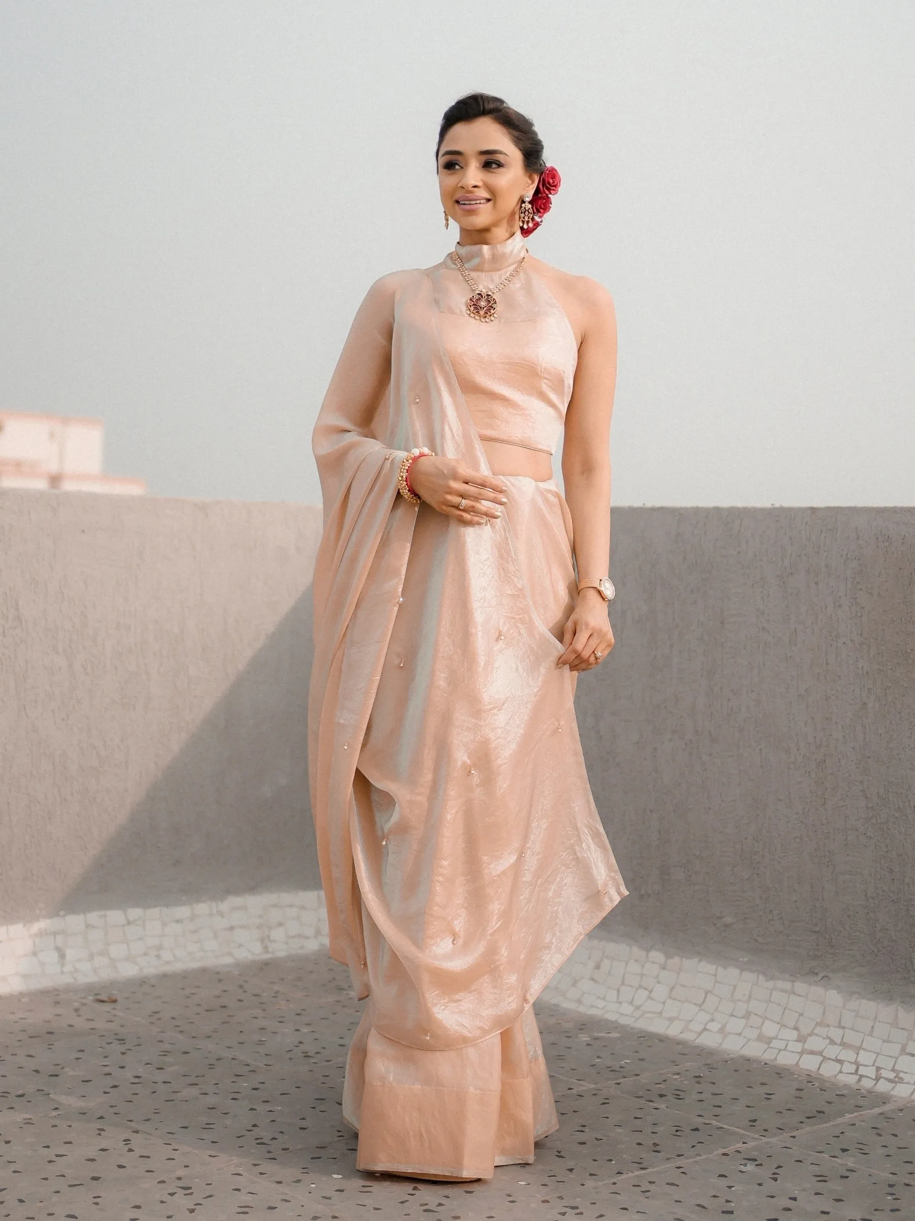 Peach Blue Metallic Satin Saree with Beads and Blouse Fabric