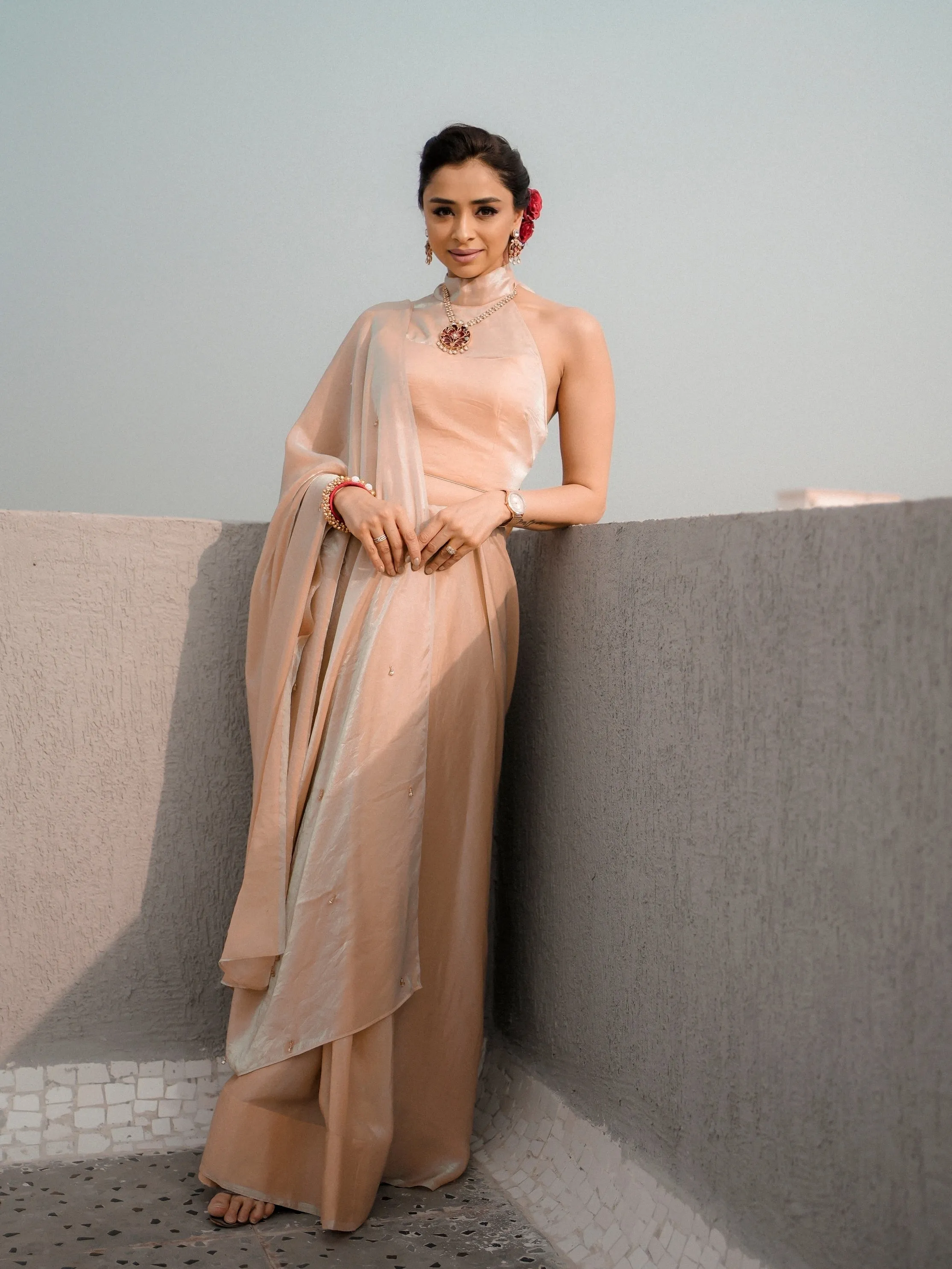 Peach Blue Metallic Satin Saree with Beads and Blouse Fabric