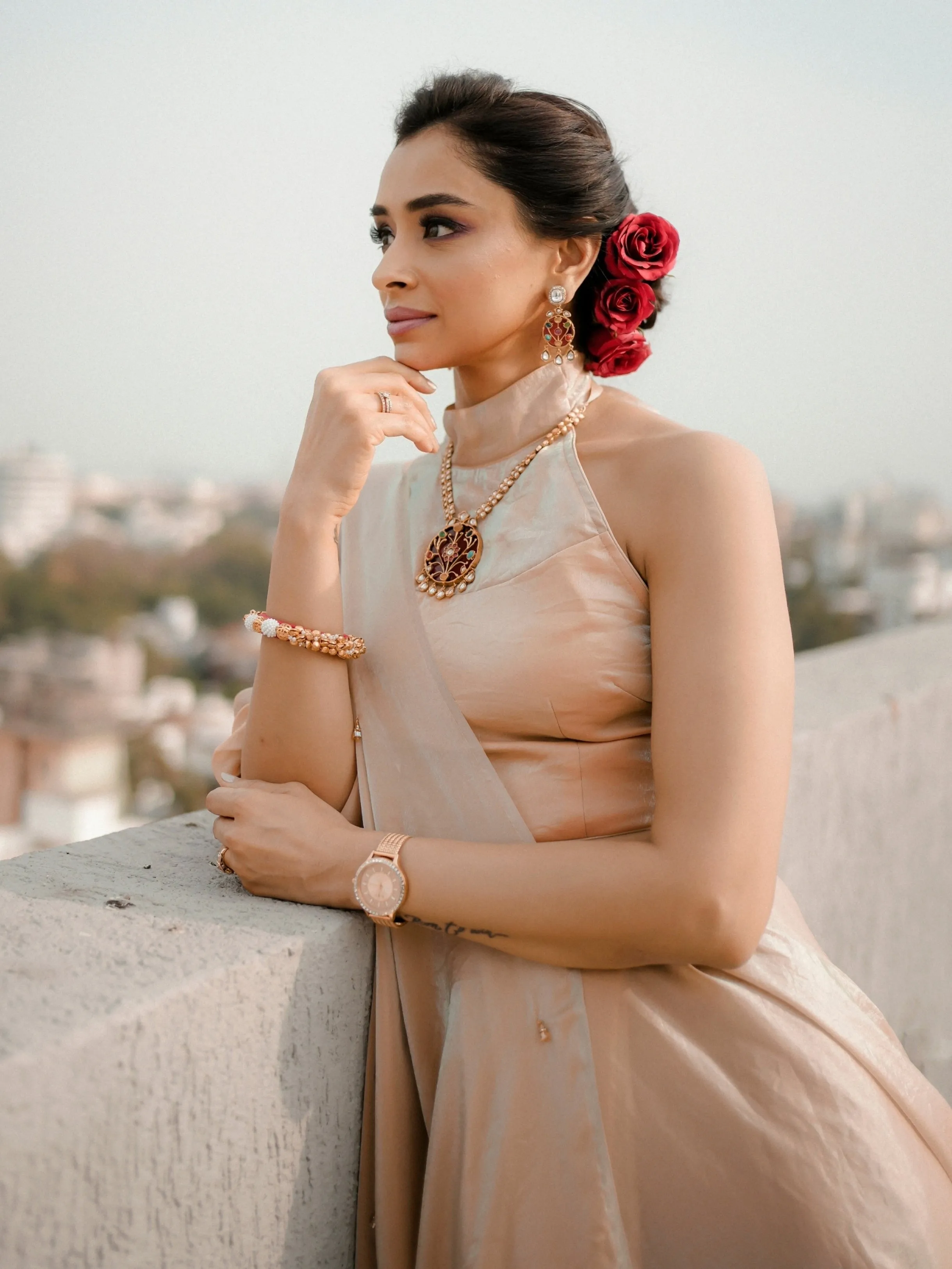 Peach Blue Metallic Satin Saree with Beads and Blouse Fabric