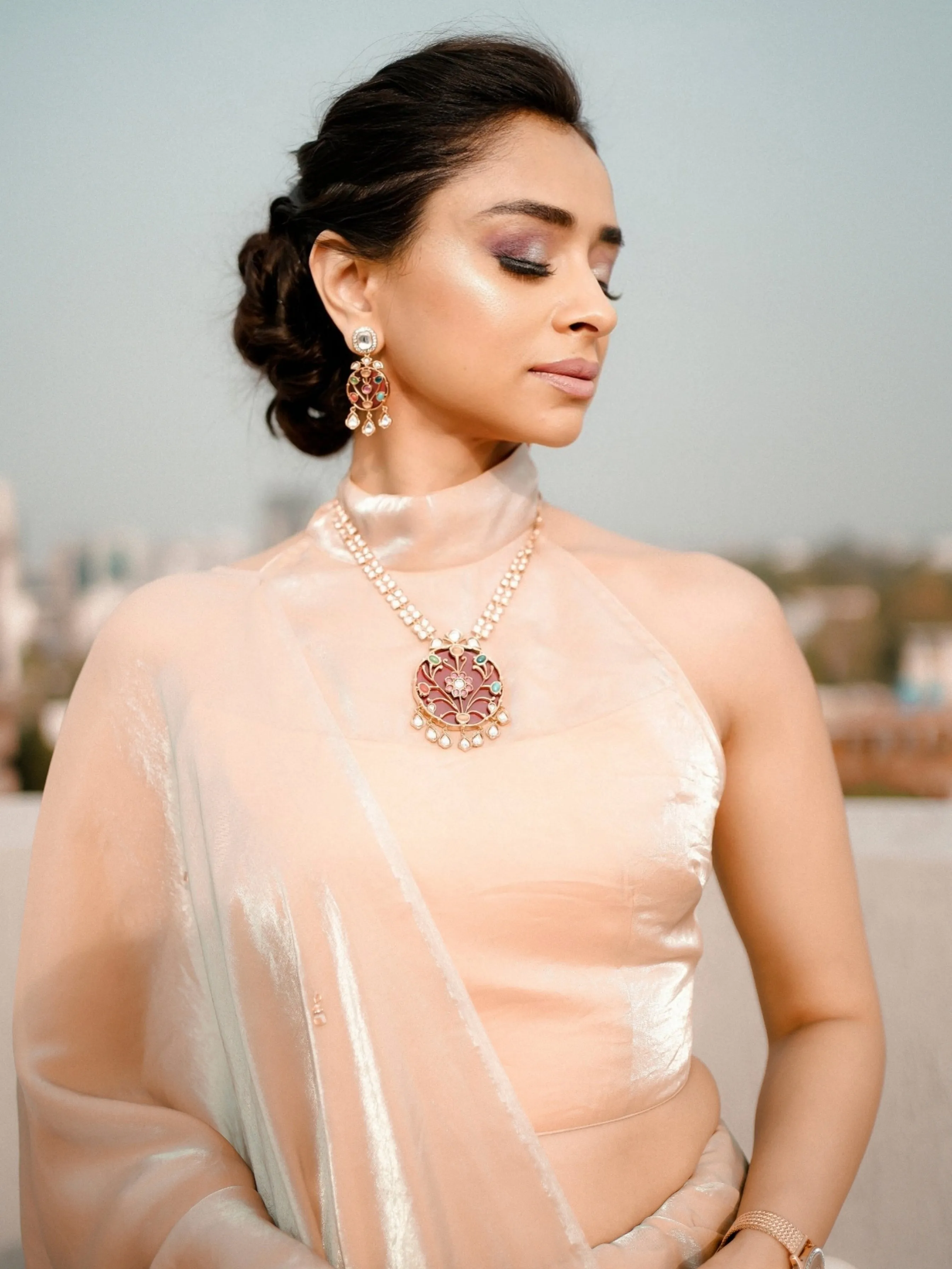 Peach Blue Metallic Satin Saree with Beads and Blouse Fabric