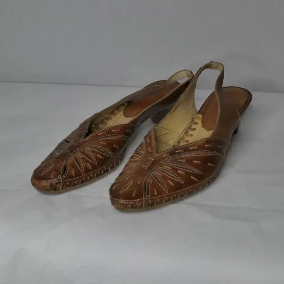 Pikolinos Sz 37 Brown Leather Mules Kitten Heel Moroccan Style Slingback Mint!