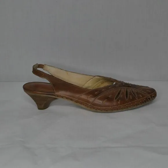 Pikolinos Sz 37 Brown Leather Mules Kitten Heel Moroccan Style Slingback Mint!