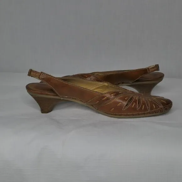 Pikolinos Sz 37 Brown Leather Mules Kitten Heel Moroccan Style Slingback Mint!