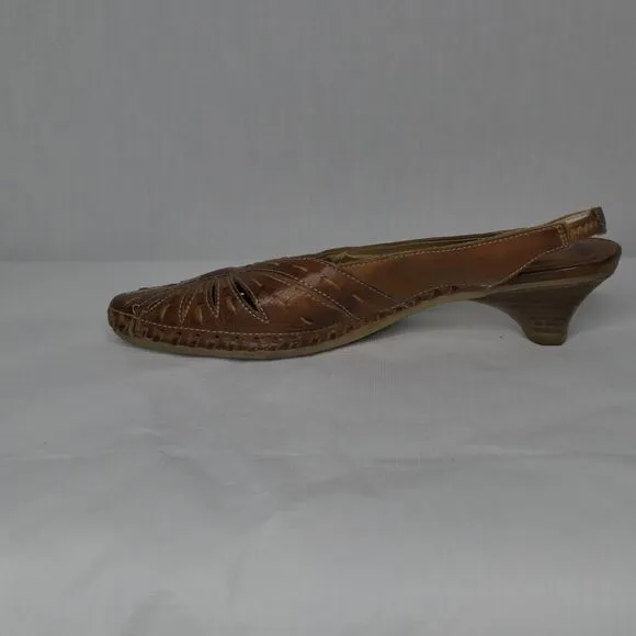 Pikolinos Sz 37 Brown Leather Mules Kitten Heel Moroccan Style Slingback Mint!