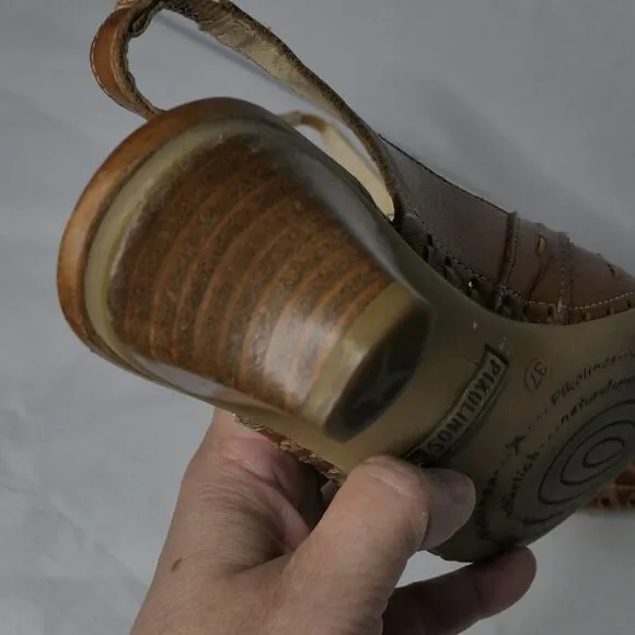 Pikolinos Sz 37 Brown Leather Mules Kitten Heel Moroccan Style Slingback Mint!