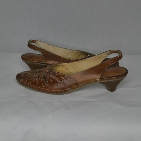 Pikolinos Sz 37 Brown Leather Mules Kitten Heel Moroccan Style Slingback Mint!