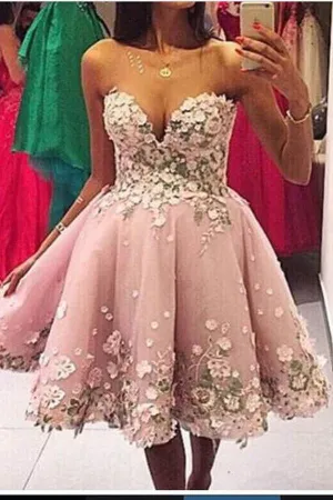 Pink A Line Appliques Sweetheart Strapless Homecoming Dresses, Short Prom Dress, MH275