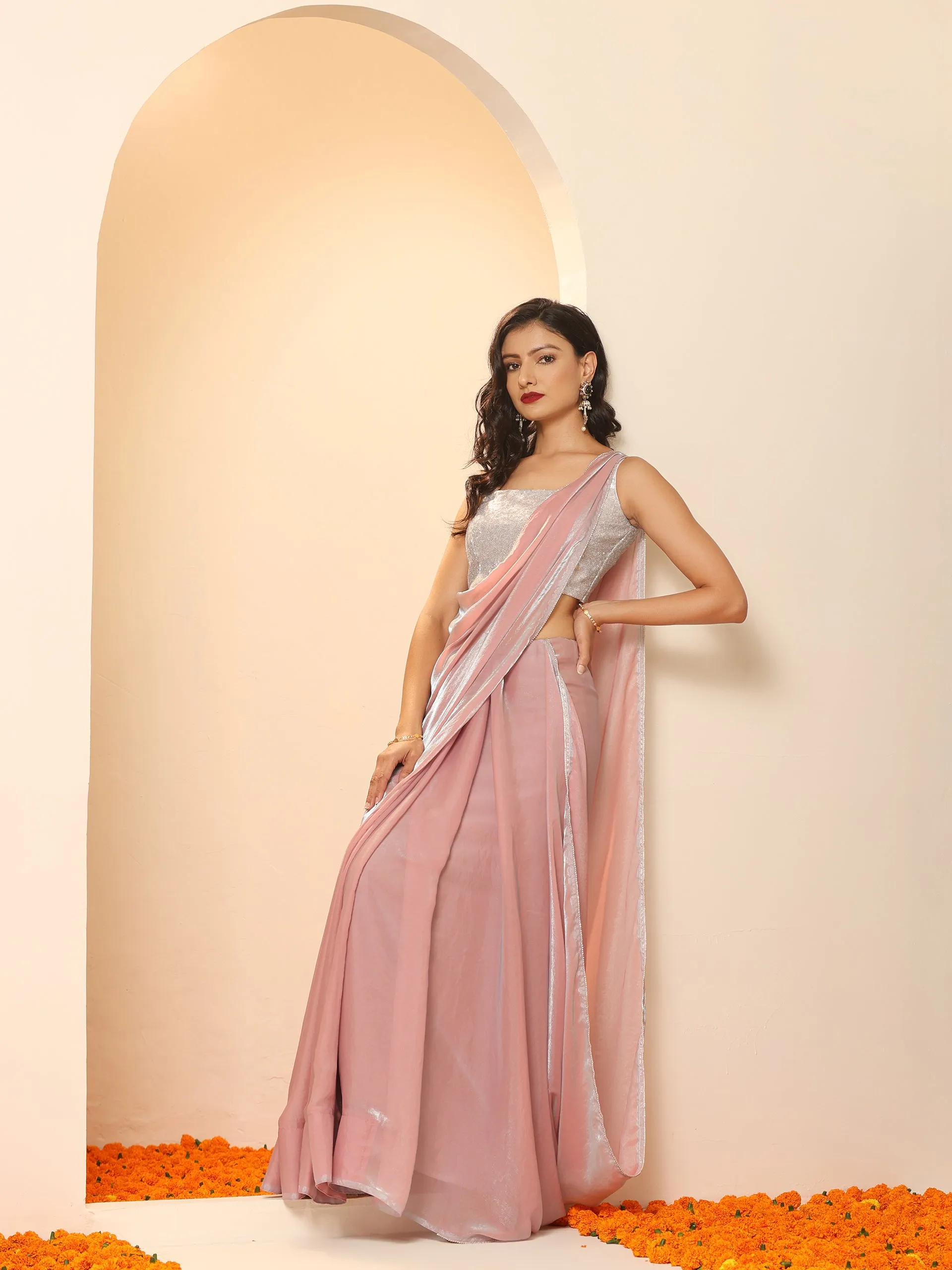 Pink Blue Metallic Satin Saree with Lace and Self Blouse Fabric