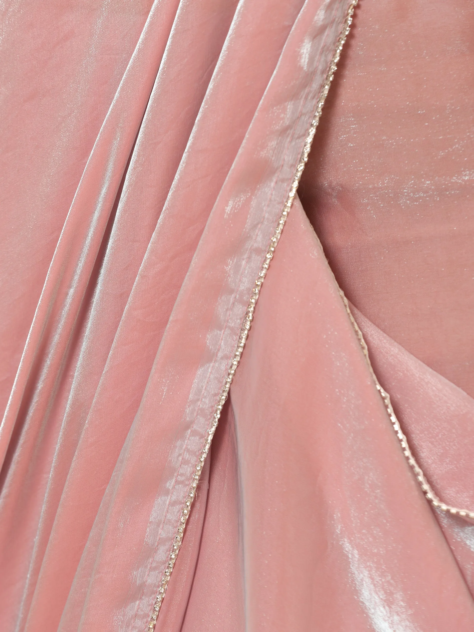 Pink Blue Metallic Satin Saree with Lace and Self Blouse Fabric