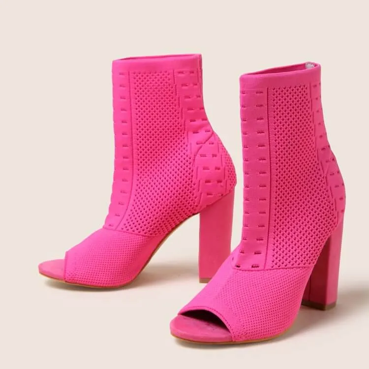 Pink Chunky Heel Knitted Ankle Boots