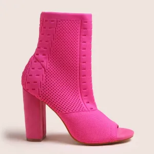 Pink Chunky Heel Knitted Ankle Boots