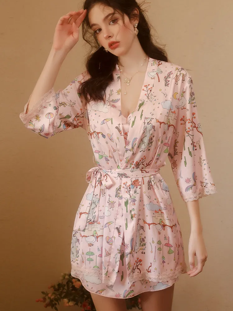 Pink Satin Gown With Kimono Robe