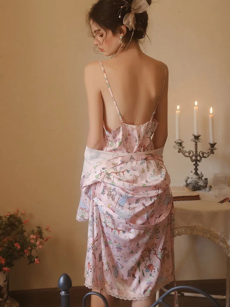 Pink Satin Gown With Kimono Robe