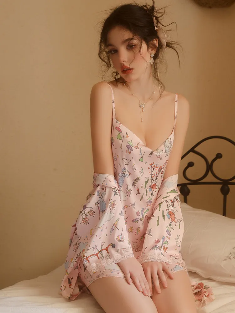 Pink Satin Gown With Kimono Robe