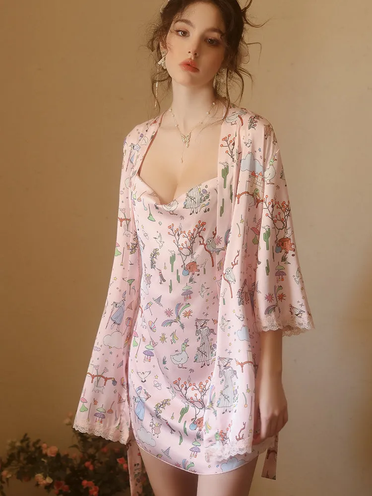 Pink Satin Gown With Kimono Robe