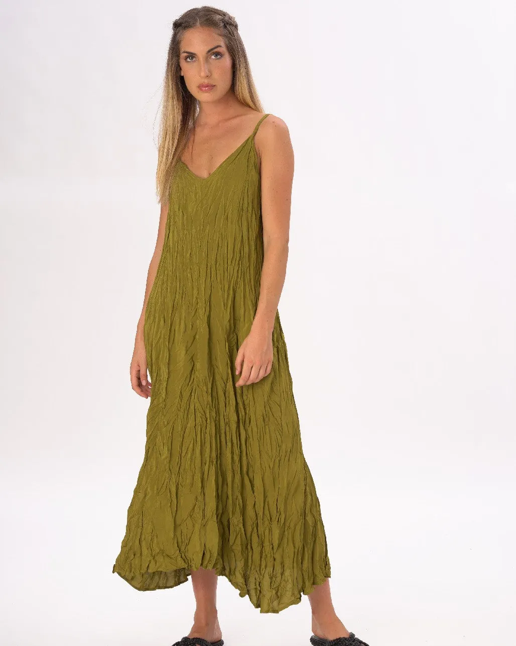 Pleated Crinkled Maxi Slip Dress
