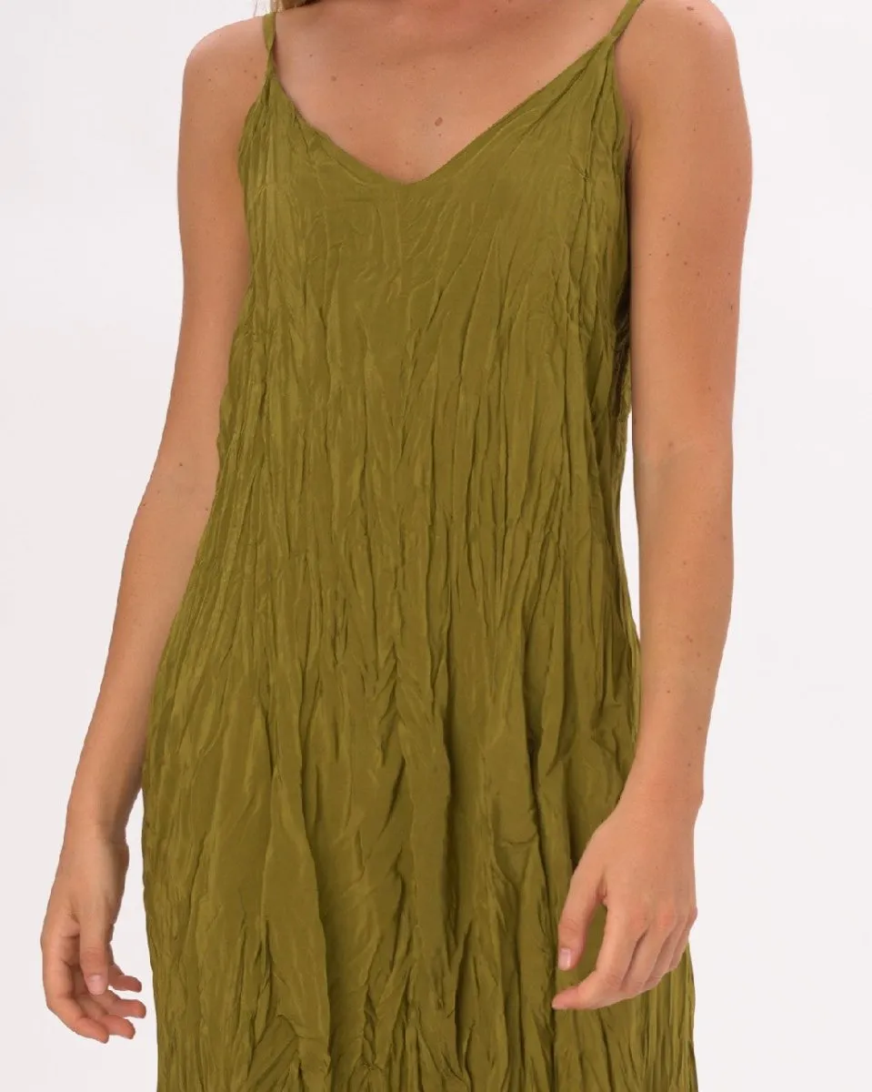 Pleated Crinkled Maxi Slip Dress