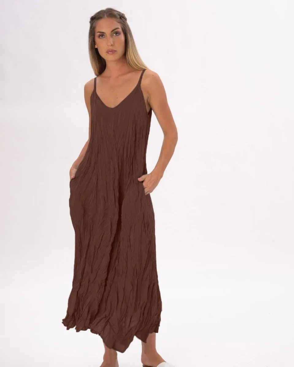 Pleated Crinkled Maxi Slip Dress