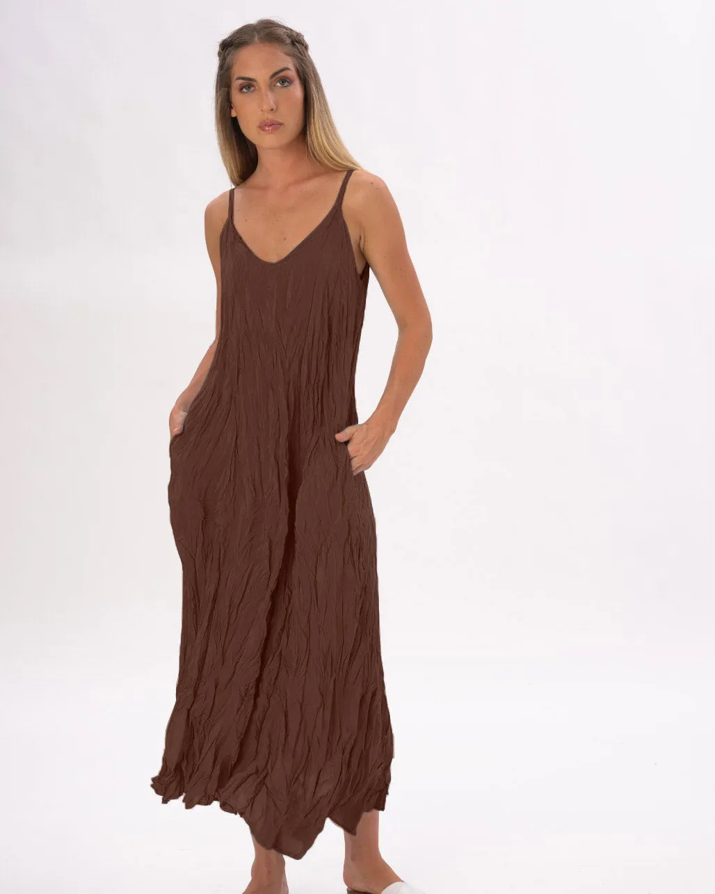 Pleated Crinkled Maxi Slip Dress