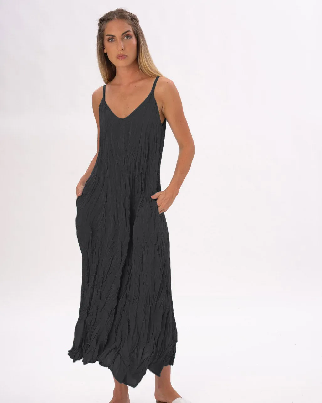 Pleated Crinkled Maxi Slip Dress