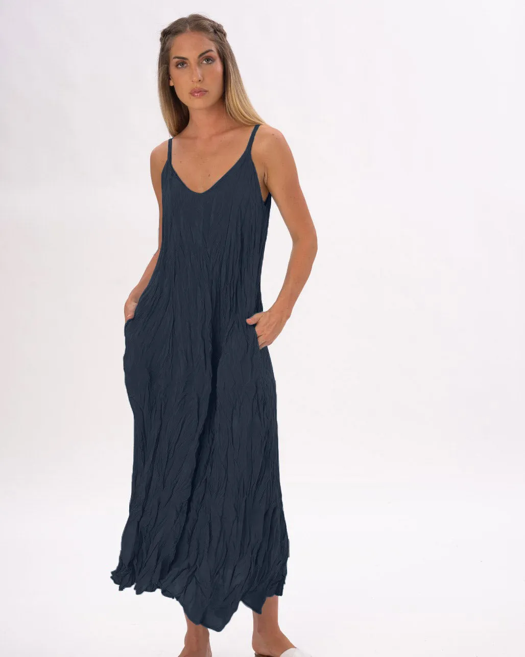 Pleated Crinkled Maxi Slip Dress