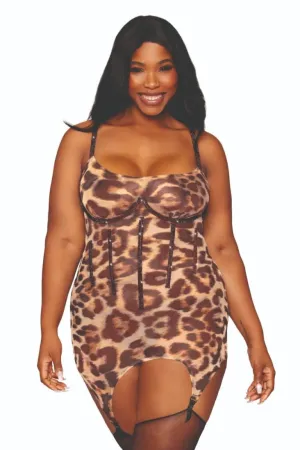 Plus Size Printed Mesh Garter Slip with Rhinestones