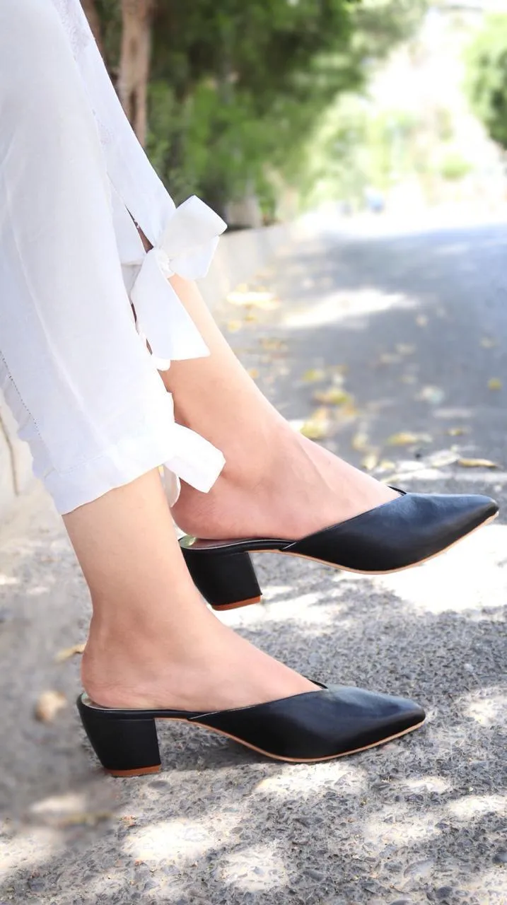 Pointy Toe Block Heels - Black