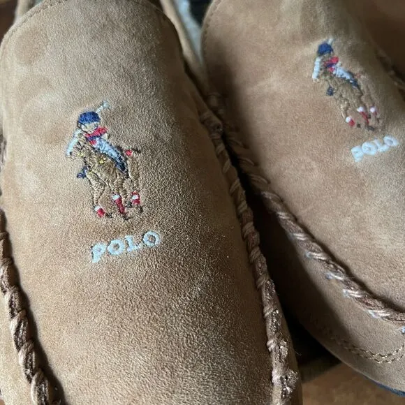 Polo Ralph Lauren Men's 10.5 Women's 12 Chaise Bear Slippers Microsuede Mule Tan