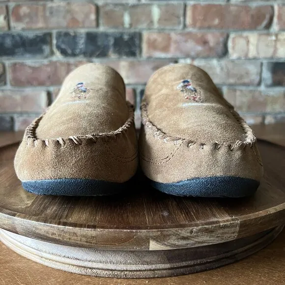Polo Ralph Lauren Men's 10.5 Women's 12 Chaise Bear Slippers Microsuede Mule Tan