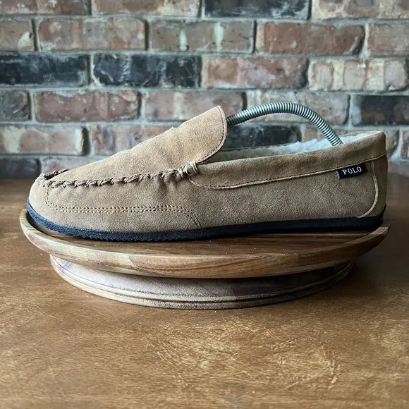 Polo Ralph Lauren Men's 10.5 Women's 12 Chaise Bear Slippers Microsuede Mule Tan