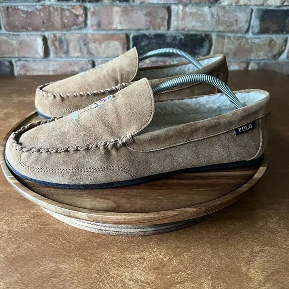 Polo Ralph Lauren Men's 10.5 Women's 12 Chaise Bear Slippers Microsuede Mule Tan
