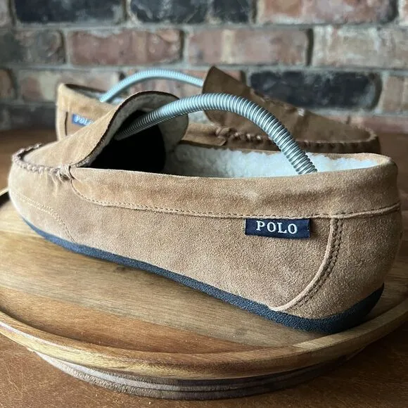 Polo Ralph Lauren Men's 10.5 Women's 12 Chaise Bear Slippers Microsuede Mule Tan