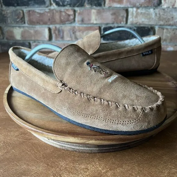 Polo Ralph Lauren Men's 10.5 Women's 12 Chaise Bear Slippers Microsuede Mule Tan