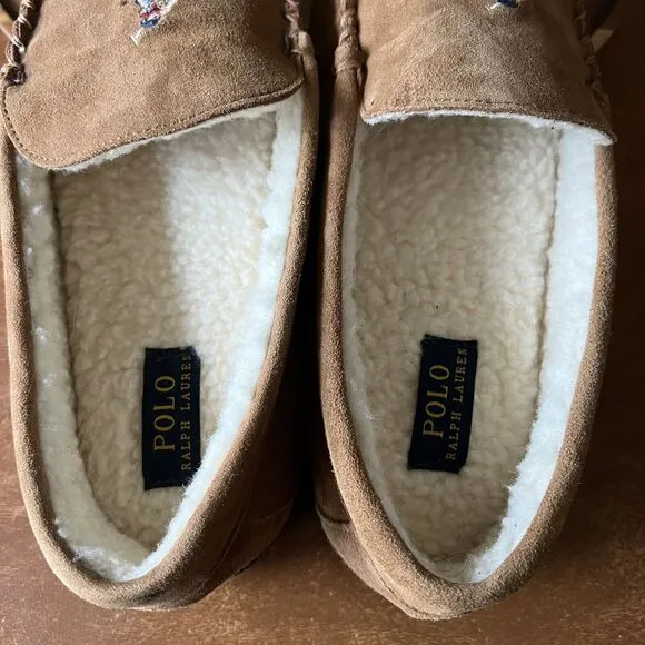 Polo Ralph Lauren Men's 10.5 Women's 12 Chaise Bear Slippers Microsuede Mule Tan