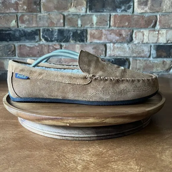 Polo Ralph Lauren Men's 10.5 Women's 12 Chaise Bear Slippers Microsuede Mule Tan