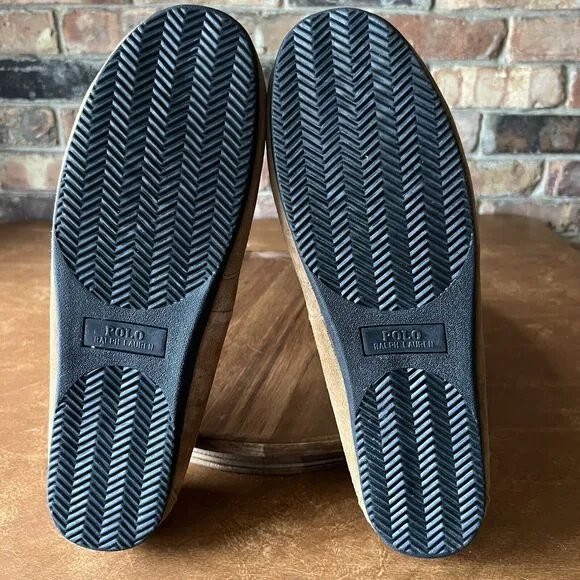 Polo Ralph Lauren Men's 10.5 Women's 12 Chaise Bear Slippers Microsuede Mule Tan
