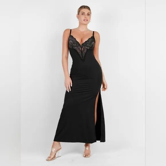 Popilush The Shapewear Dress Lace Slip Split Maxi