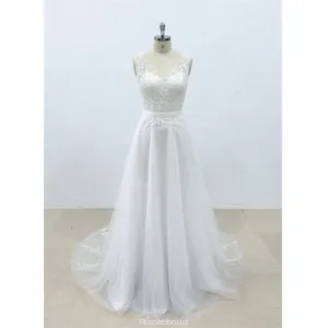 Popular A-line V-neck lace top tulle backless simple Wedding Dresses with train, WD0365
