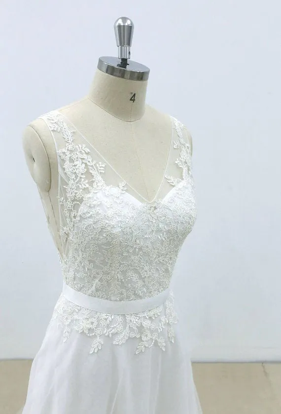 Popular A-line V-neck lace top tulle backless simple Wedding Dresses with train, WD0365