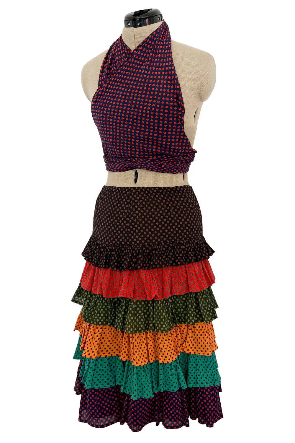 Prettiest Spring 1971 Yves Saint Laurent Documented Dotted Ruffle Skirt & Tie Halter Top Set