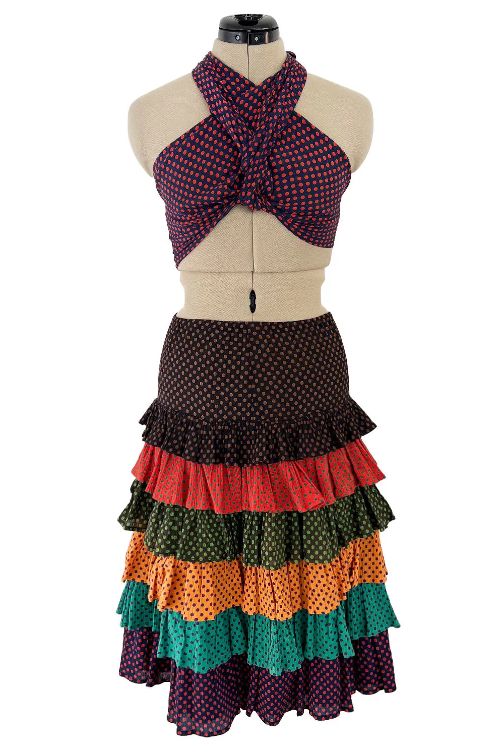 Prettiest Spring 1971 Yves Saint Laurent Documented Dotted Ruffle Skirt & Tie Halter Top Set