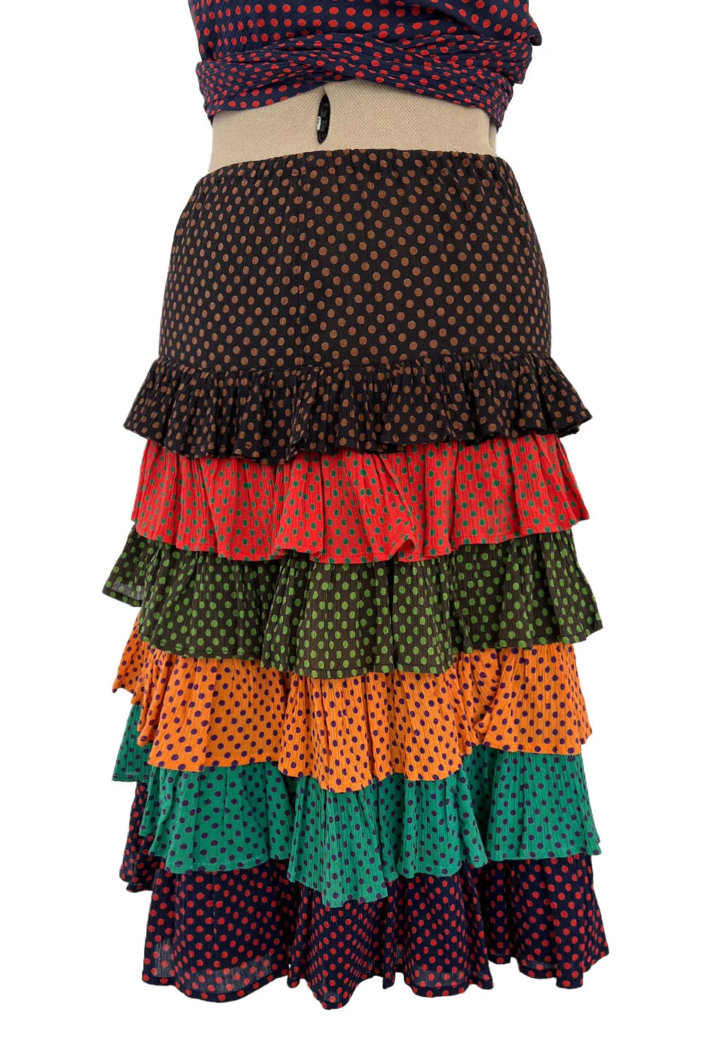 Prettiest Spring 1971 Yves Saint Laurent Documented Dotted Ruffle Skirt & Tie Halter Top Set