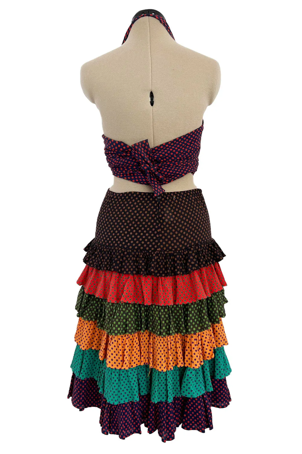 Prettiest Spring 1971 Yves Saint Laurent Documented Dotted Ruffle Skirt & Tie Halter Top Set