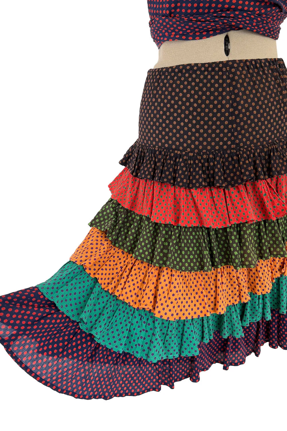 Prettiest Spring 1971 Yves Saint Laurent Documented Dotted Ruffle Skirt & Tie Halter Top Set