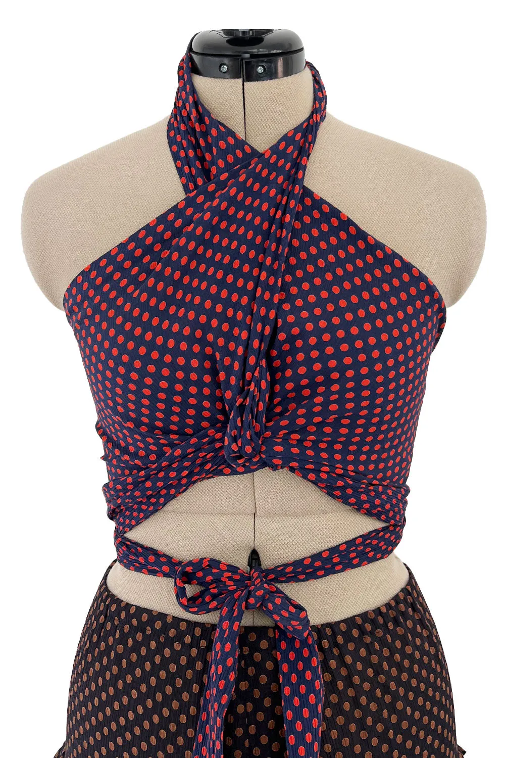 Prettiest Spring 1971 Yves Saint Laurent Documented Dotted Ruffle Skirt & Tie Halter Top Set